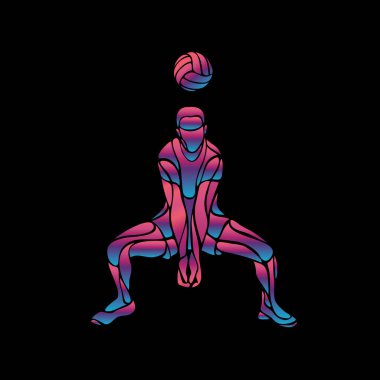 Voleybol oyuncusu neon siluet. Kazıcı pozisyon