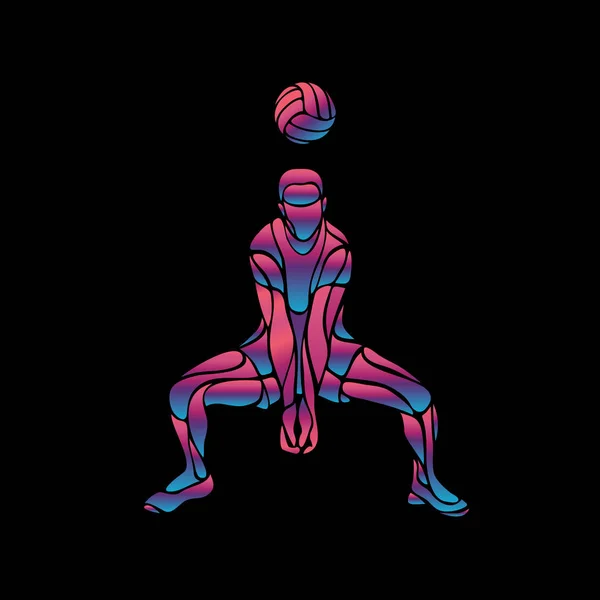 Jugador de voleibol silueta de neón. Posición del excavador — Vector de stock