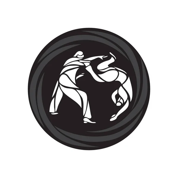 Combatientes de judo pictograma redondo o logotipo. Icono de artes marciales — Archivo Imágenes Vectoriales