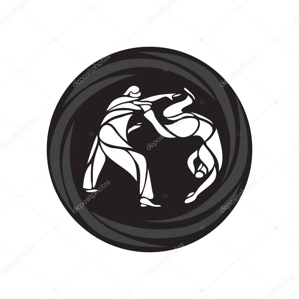 Judo or aikido martial arts vector logo, label, badge with two fighters
