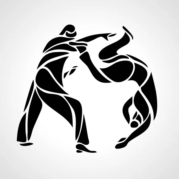 Judo lutadores rodada pictograma ou logotipo. Ícone de artes marciais — Vetor de Stock