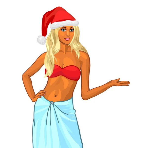 Joyeux sourire femme mignonne dans santa chapeau d'aide avec la paume vide ouverte de main pour l'espace de copie. Jolie fille blonde en bikini rouge. Noël saison de Noël . — Image vectorielle