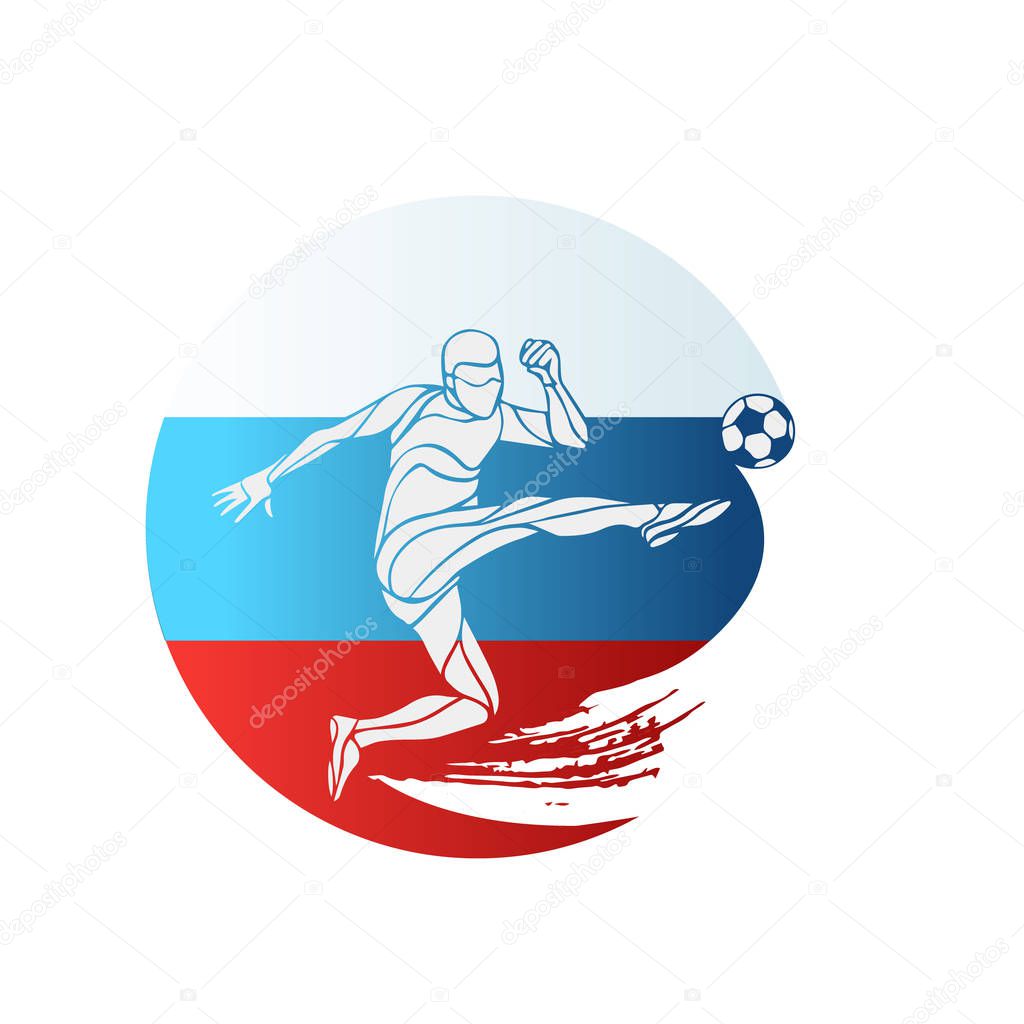 Football championship logo. Flag of Russia. Vector illustration of abstract soccer player with Russian national flag colors