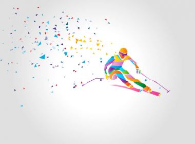 Büyük Slalom Kayak Racer siluet. Renkli çizimi