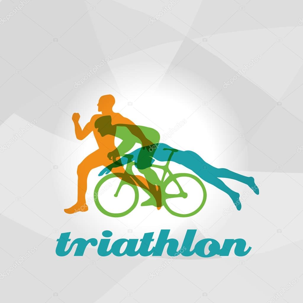 Color flat logo triathlon. Vector figures triathletes on a white background. Swimming, cycling and running symbol. Eps10