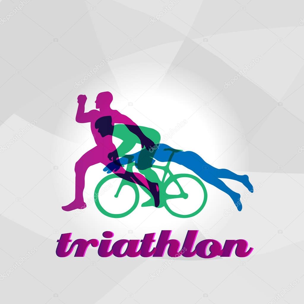 Color flat logo triathlon. Vector figures triathletes on a white background. Swimming, cycling and running symbol. Eps10