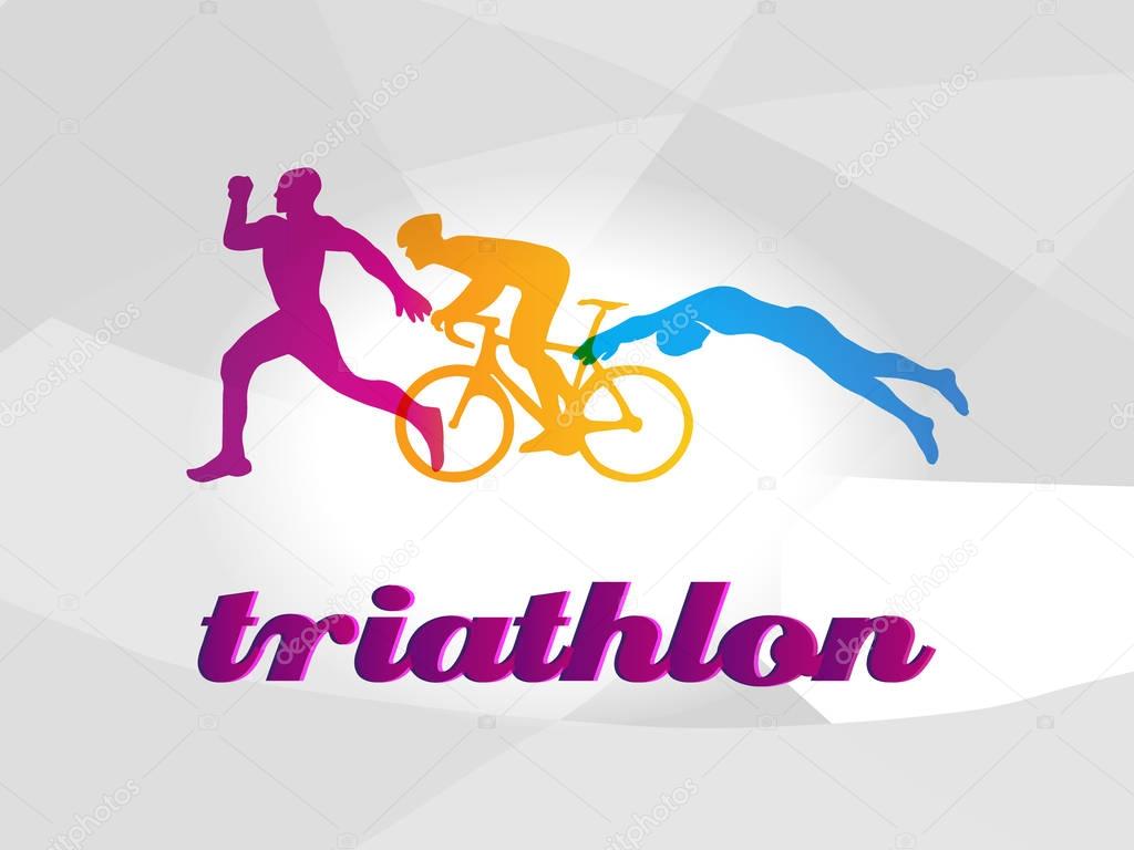 Color flat logo triathlon. Vector figures triathletes on a white background. Swimming, cycling and running symbol. Eps10