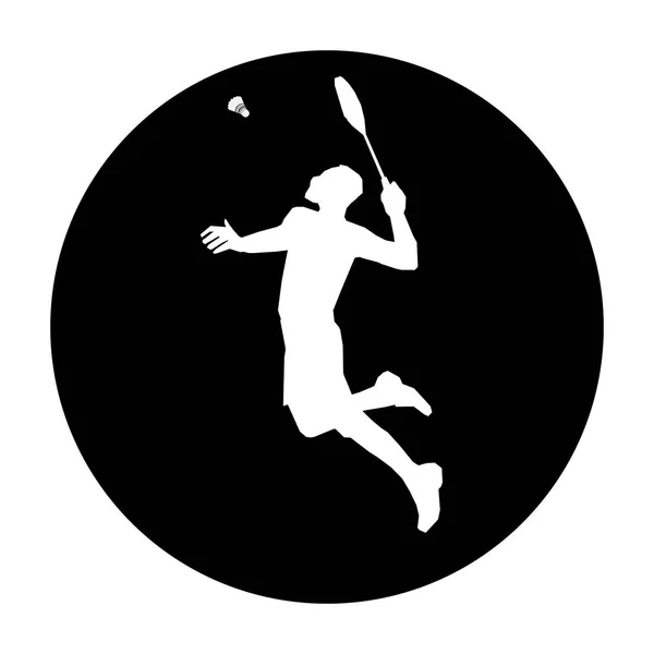 Ronde badminton embleem met badminton speler smash shot — Stockvector