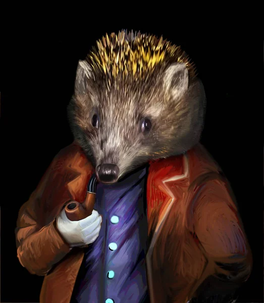 Hedgehog in clothes with a pipe anthropoid animal — Stockfoto