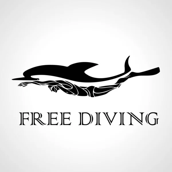 Wolny nurek i delfin. Ilustracja wektora logo Freediving — Wektor stockowy