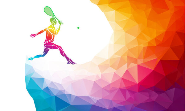 Creative silhouette of female tennis player. Racquet sport vector illustration or banner template in trendy abstract colorful polygon style with rainbow back