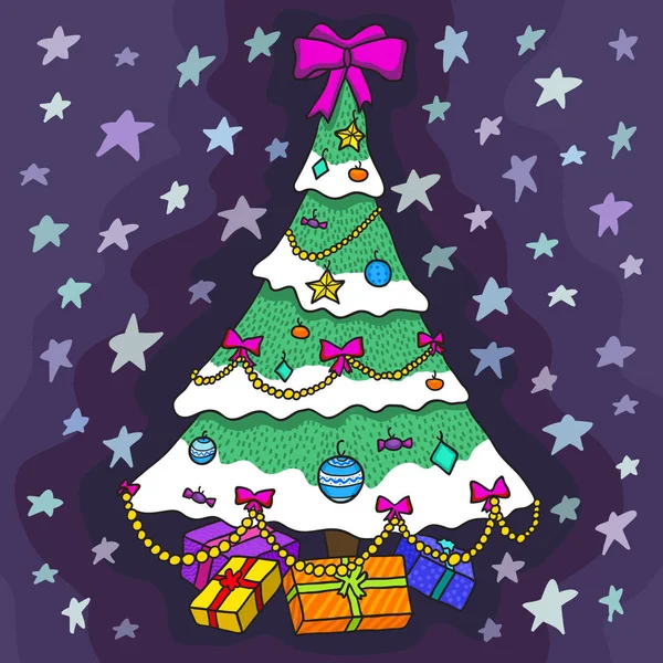 Weihnachtsbaum mit Geschenken auf blauem Hintergrund mit Sternen — Stockvektor