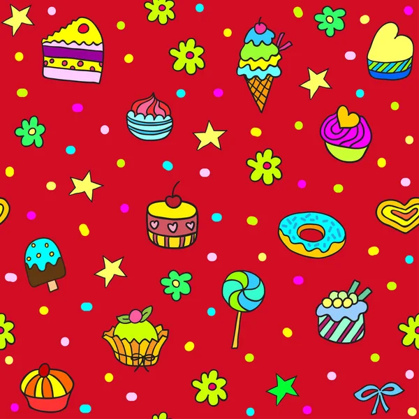 Holiday seamless pattern with ice-cream, pie and cupcakes. — Stock Vector