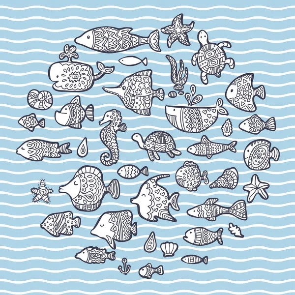 Морской, векторный набор, рыба в волнах — стоковый вектор