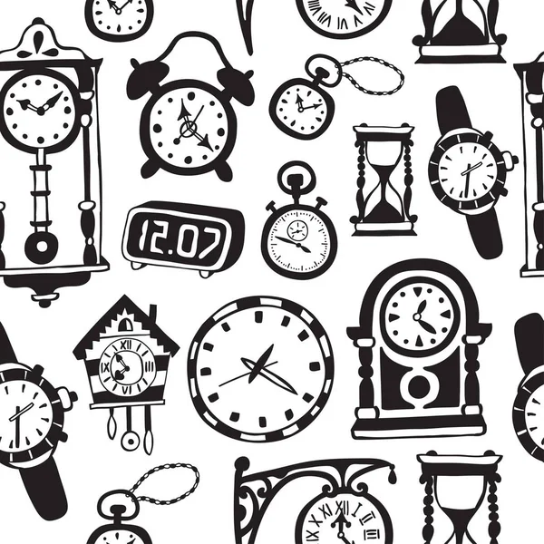 Modello senza soluzione di continuità con orologi doodle e orologi . — Vettoriale Stock