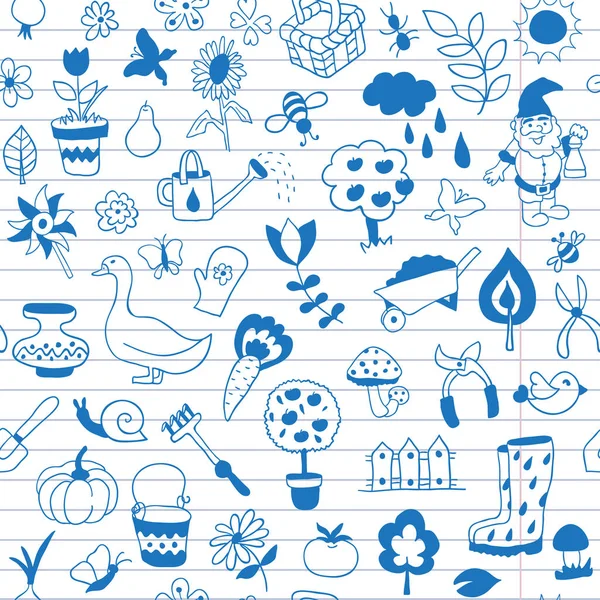 Seamless pattern of gardening objects are drawn on a notebook in — Stock Vector