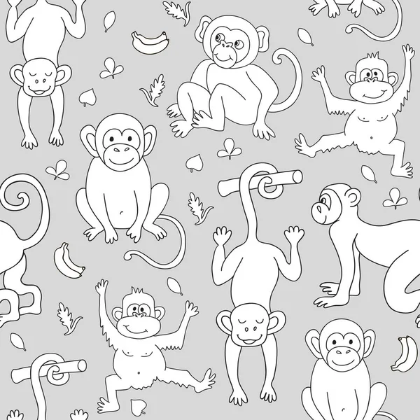 Бесшовный узор с обезьянами, бананами и листьями . — стоковый вектор