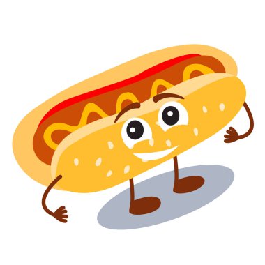 Funny, cute fast food hot dog with smiling human face isolated o clipart