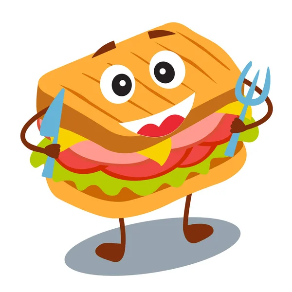 Rolig, Söt snabbmat smörgås med leende ansikte som isolerade — Stock vektor