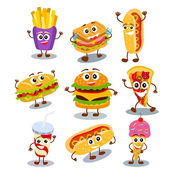 Sandwich, hot dog, zabawny, uroczy fast food hamburger, pizza, lody c — Wektor stockowy