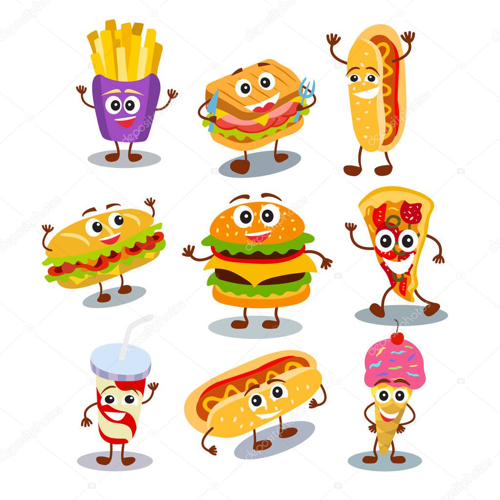 Funny, cute fast food hamburger, sandwich, hot dog, pizza, ice c