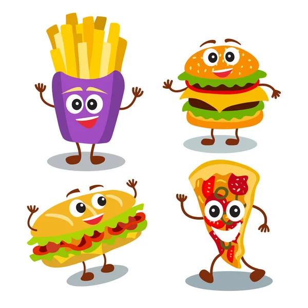 Zabawny, uroczy fast food hamburger, pizza, sandwich, frytki w — Wektor stockowy