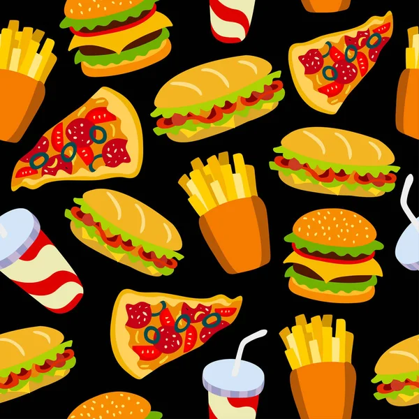 Patrón de comida rápida sobre un fondo negro . — Archivo Imágenes Vectoriales