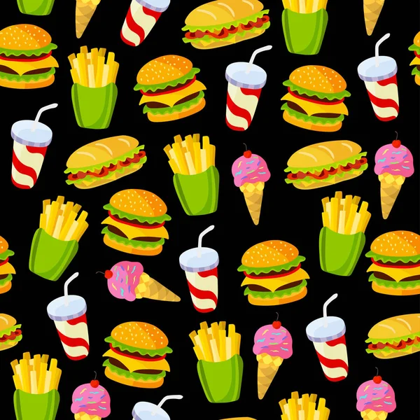 Fast food μοτίβο σε μαύρο φόντο. — Διανυσματικό Αρχείο