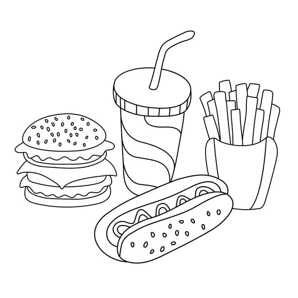 Comida rápida. Hambúrguer, batatas fritas, cachorro-quente e refrigerante i — Vetor de Stock