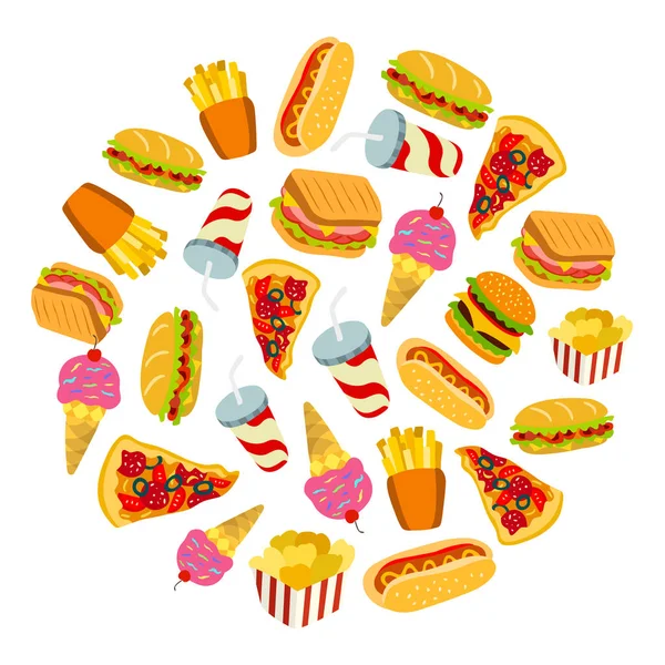 Zestaw ikon fast food w kształcie koła. — Wektor stockowy