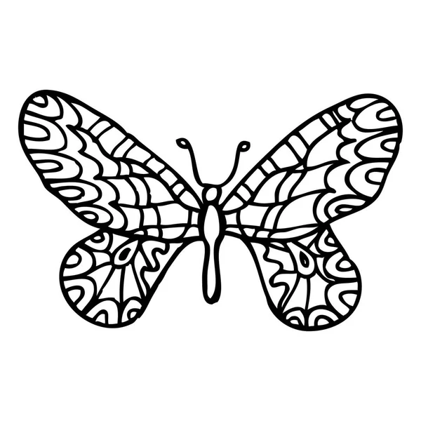 黒が白い背景に分離された装飾の華やかな蝶を落書き — ストックベクタ