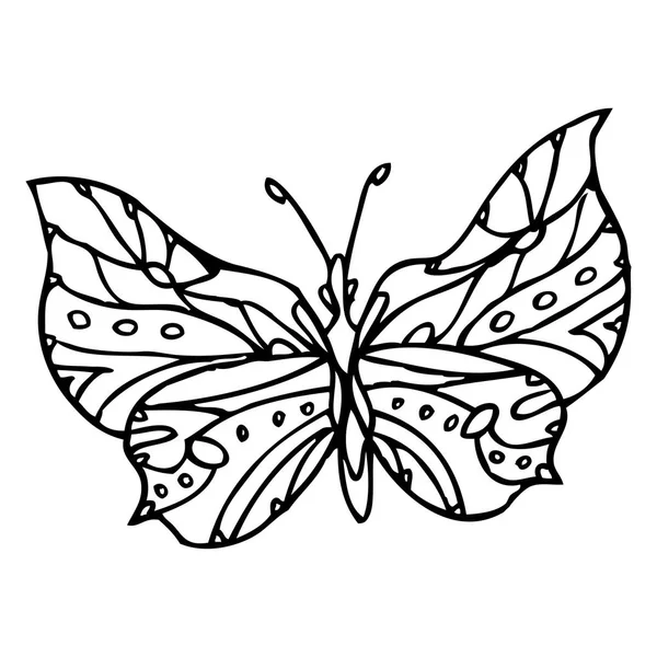 Mariposa adornada decorativa garabato negro aislada en respaldo blanco — Vector de stock