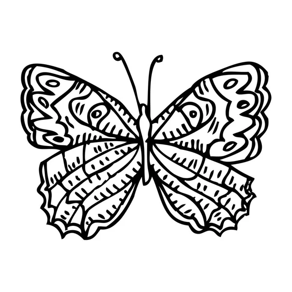 Mariposa adornada decorativa garabato negro aislada en respaldo blanco — Vector de stock