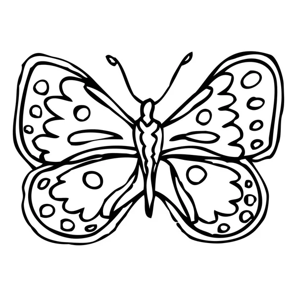Mariposa adornada decorativa garabato negro aislada en respaldo blanco — Vector de stock