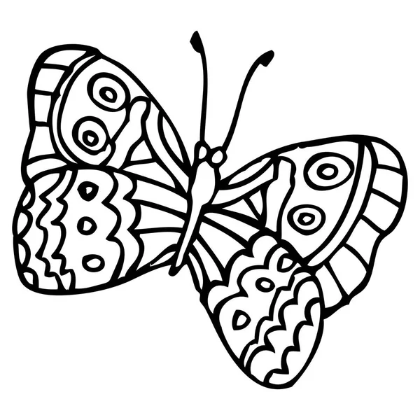 Svart doodle dekorativt utsmyckade fjäril isolerad på vita backg — Stock vektor
