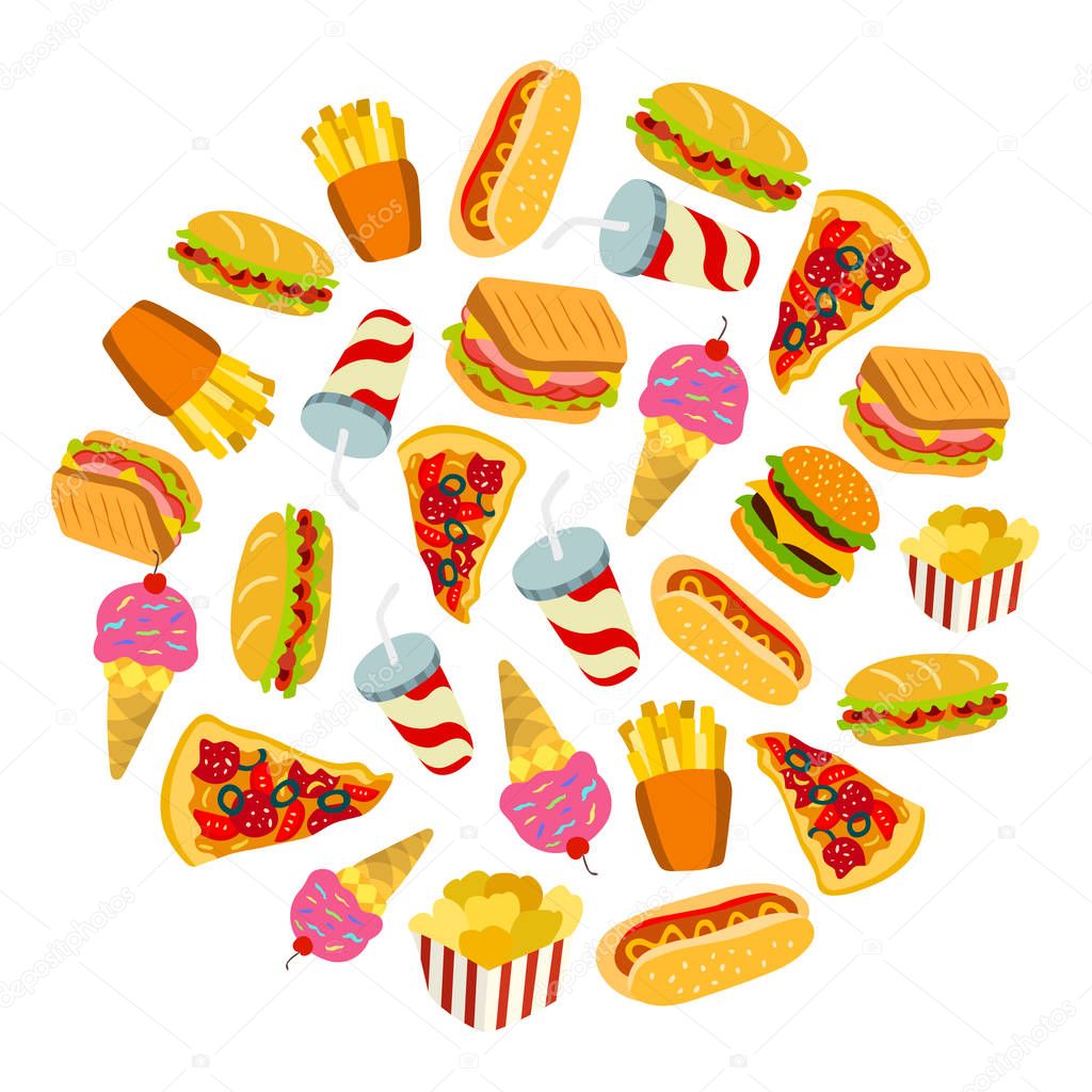 Set of fast food icons in circle shape.