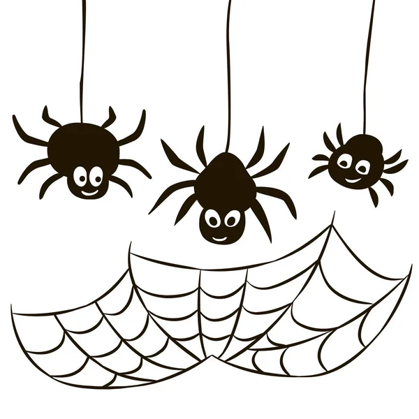 Halloween set of spider web and three spiders isolated on black — Stock Vector