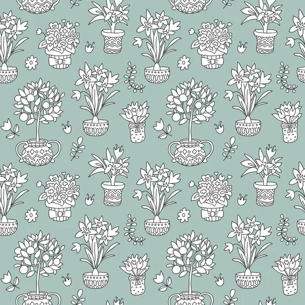Seamless mönster doodle växter i krukor, floral bakgrund. — Stock vektor