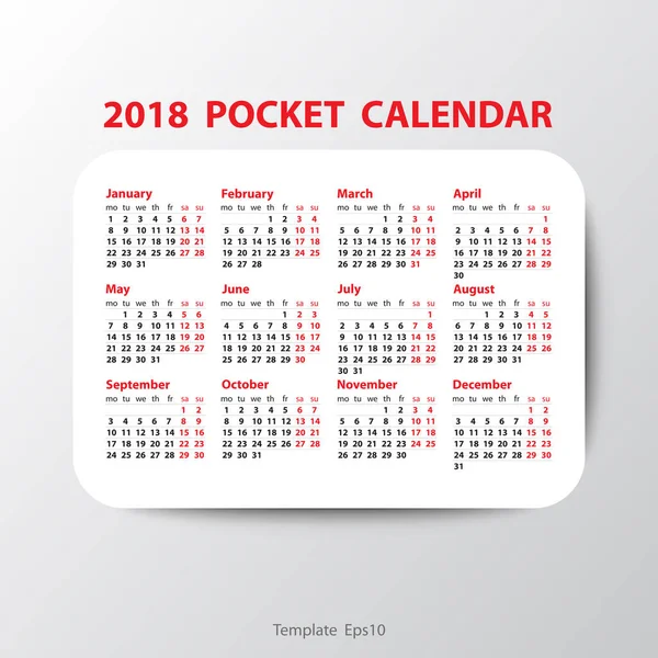 Calendario 2018 anno modello di progettazione vettoriale con numeri di settimana e — Vettoriale Stock