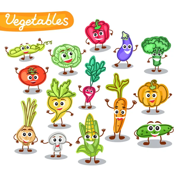 Légumes drôles et mignons avec le visage humain souriant isolé sur blanc — Image vectorielle
