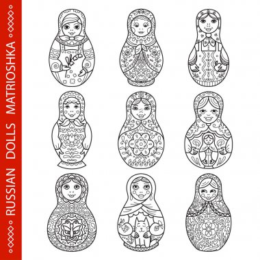 Rus geleneksel iç içe bebek (matryoshka) kümesi. Siyah beyaz resim. Stil tasarım şablonu.  