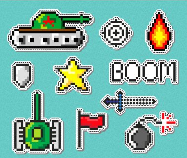 Piksel sanat vektör nesnelerini moda yama oluşturmak için. Rozetleri tankları, yıldız, bomba, boom, çocuklar için bayrak. Küme etiketleri, iğne, trendy içinde 80s 90s stil yamalar.