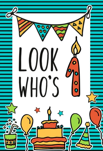 Cumpleaños Niños tarjeta vectorial con vela numeral de colores, globos, pastel, sombrero, cóctel para diseñar tarjetas de vacaciones y la invitación para una. Cita Mira quién es un año — Vector de stock