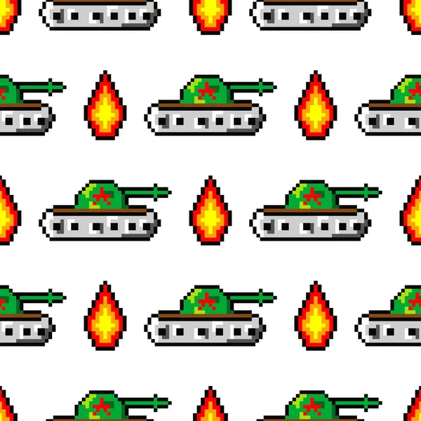 Pixel arte objetos vetoriais para criar moda sem costura padrão. Fundo com tanques, boom, para meninos. estilo moderno dos anos 80-90 —  Vetores de Stock