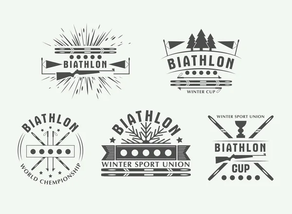 Biatlon logo beállítása. Vektoros illusztráció. Téli sport elszigetelt jelvény gyűjtemény — Stock Vector