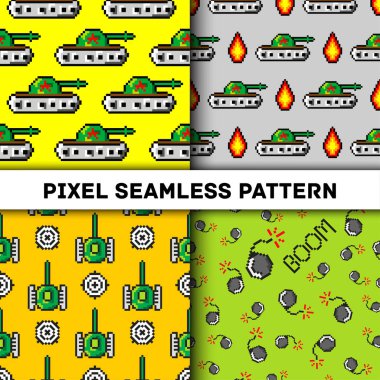 Piksel sanat vektör nesnelerini moda Dikişsiz desen. Arka plan tankları ile patlama, çocuklar için. trendy 80s 90s tarzı. Retro bilgisayar oyun öğeleri