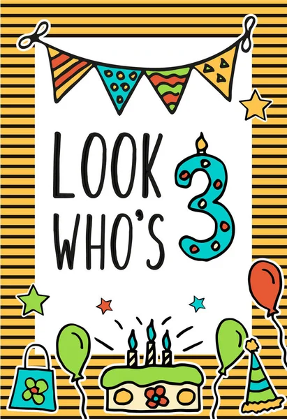 誕生日子供ベクトル カラフルな数字のキャンドル、風船、ケーキ、帽子、ホリデー カードとの招待状を設計するカクテルとカードを。3 年間見ている s を引用します。 — ストックベクタ