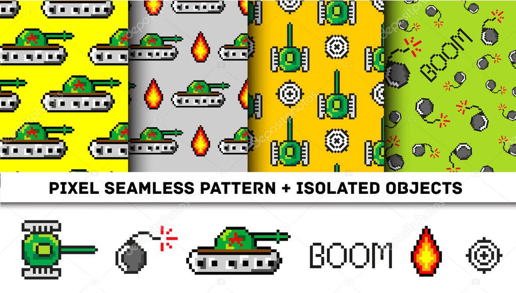 Pixel art vector objects to Fashion seamless pattern. Background with tanks, boom, for boys. trendy 80s-90s   style. Retro computers game isolated elements