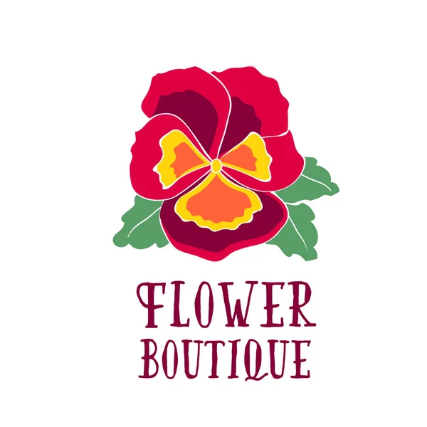 Ljusa logotyp för en blomsteraffär. bukett med pansy, styvmorsviol bröllop, blommig boutique, skönhetssalong — Stock vektor
