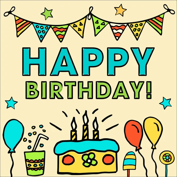 Cumpleaños Niños tarjeta vectorial con globos de colores, pastel, sombrero, cóctel para diseñar tarjetas de vacaciones y la invitación para una  . — Vector de stock